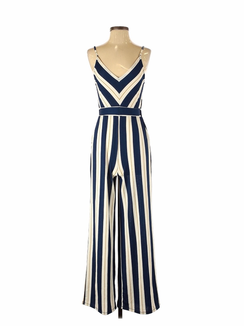 Blu Pepper Blue and White Striped Jumpsuit with Chevron V-Neck